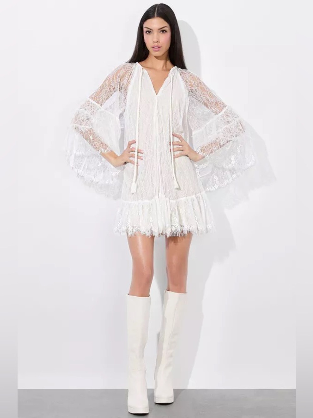NEW NWT Alice + Olivia Delia Lace Ruffled Sleeve Tunic Mini Dress In Off White